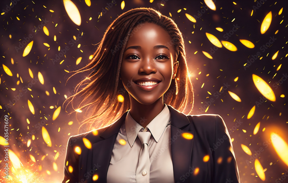 African american businesswoman. Female in a suit with flying confetti. Elegant black woman in classic style. African american businesswoman. Female in a suit with flying confetti. Elegant black woman in classic style.