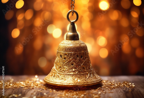 Christmas bell and bright particles on wooden floor, beautiful xmas background
