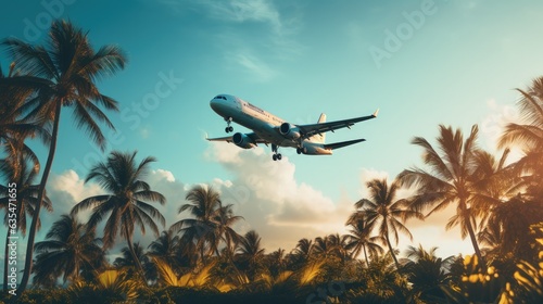 Landscape with plane taking off in the sky, travel and tourism concept. Generative AI