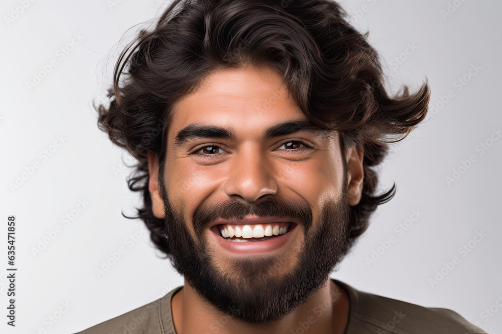 A closeup photo portrait of a handsome latino man smiling with clean teeth, isolated on white background, generative ai A closeup photo portrait of a handsome latino man smiling with clean teeth, isolated on white background, generative ai