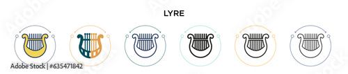 Lyre icon in filled, thin line, outline and stroke style. Vector illustration of two colored and black lyre vector icons designs can be used for mobile, ui, web