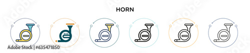 Horn icon in filled, thin line, outline and stroke style. Vector illustration of two colored and black horn vector icons designs can be used for mobile, ui, web