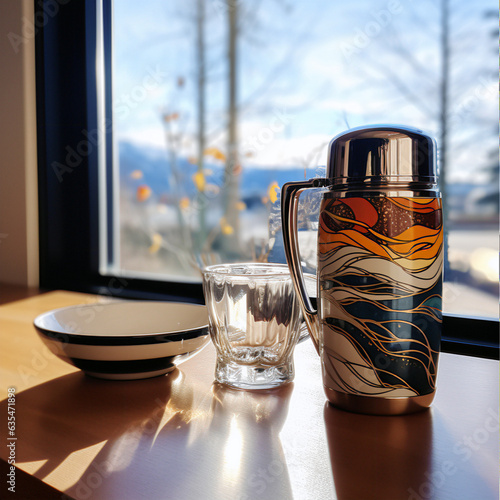 Hip flask next to a coffee mug photo