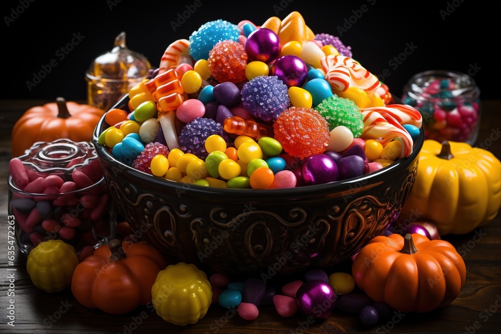 Halloween candies and sweets on dark background.Generative Ai Halloween candies and sweets on dark background.Generative Ai