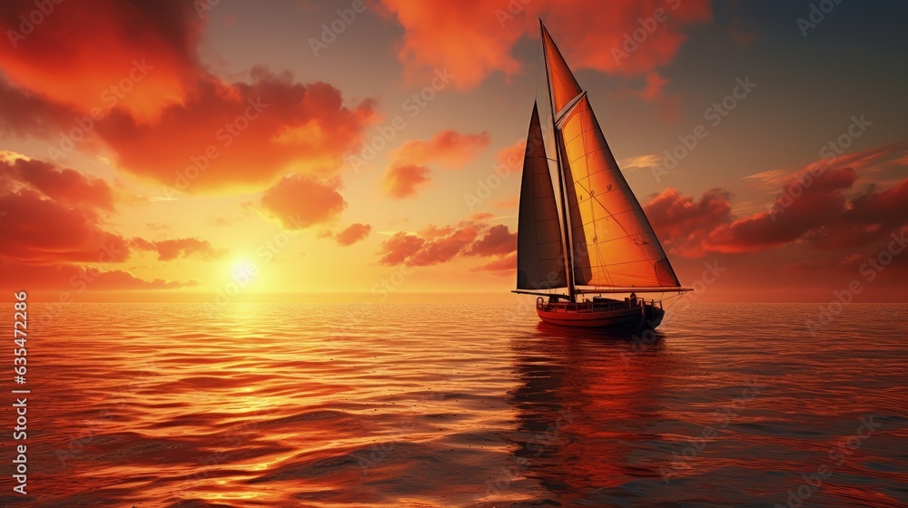 Landscape with sailboat in the sea, sunset and beautiful sky. Generative AI