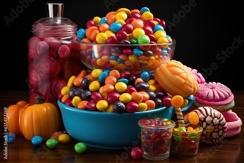 Halloween candies and sweets on dark background.Generative Ai