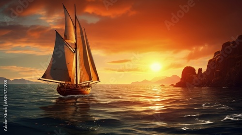Landscape with sailboat in the sea, sunset and beautiful sky. Generative AI