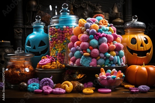 Halloween candies and sweets on dark background.Generative Ai