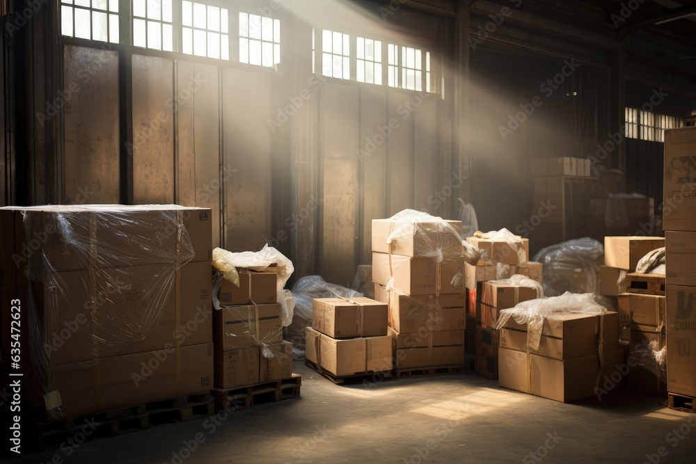 Logistic warehouse full of cardboard boxes, concept of logistics and parcel delivery. Generative AI Logistic warehouse full of cardboard boxes, concept of logistics and parcel delivery. Generative AI
