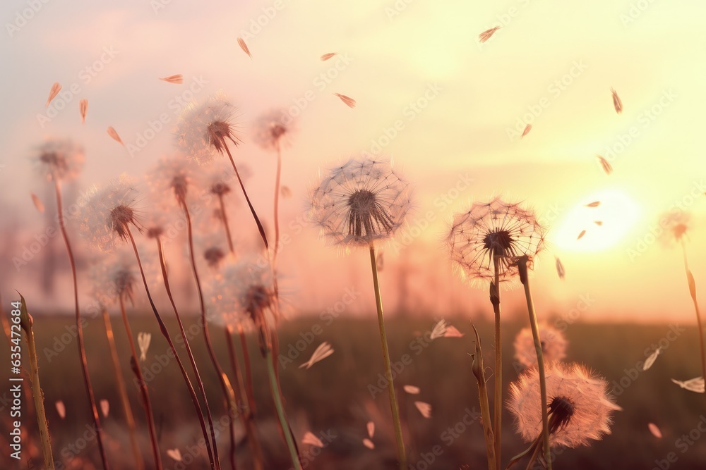 Landscape with dandelion field and sunset, bokeh background. Generative AI