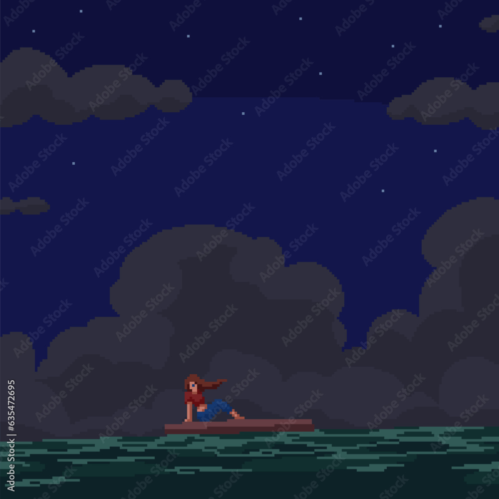 pixel art woman raft sea