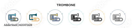 Trombone icon in filled, thin line, outline and stroke style. Vector illustration of two colored and black trombone vector icons designs can be used for mobile, ui, web