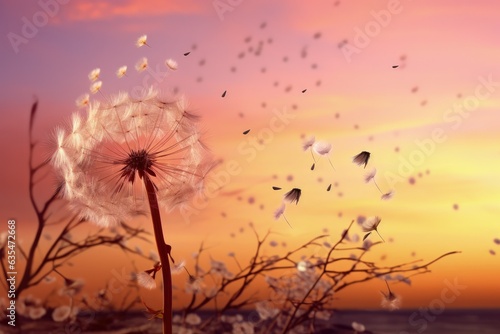 Landscape with dandelion field and sunset  bokeh background. Generative AI