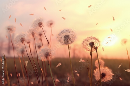 Landscape with dandelion field and sunset  bokeh background. Generative AI