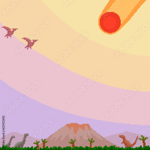 pixel art dinosaur and meteor