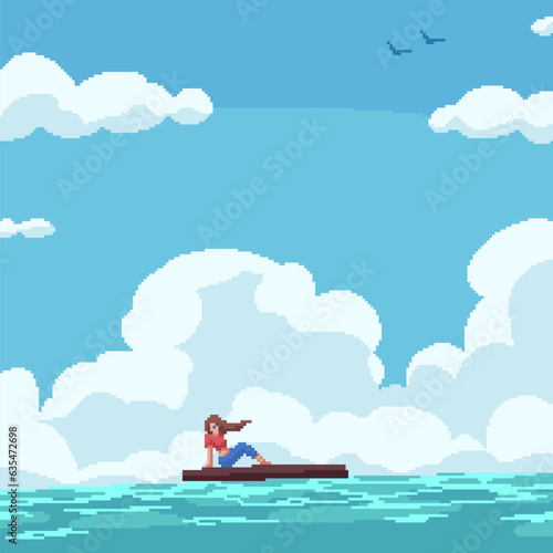 pixel art woman raft sea