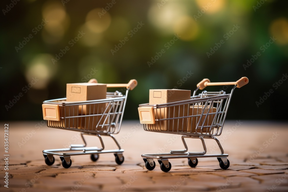 Shopping carts with cardboard boxes, online sales and ecommerce concept. Generative AI