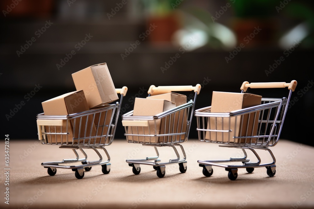 Shopping carts with cardboard boxes, online sales and ecommerce concept. Generative AI