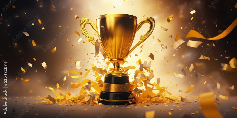 Gold trophy background with serpentine and confetti, copy space, competition concept. Generative AI Gold trophy background with serpentine and confetti, copy space, competition concept. Generative AI