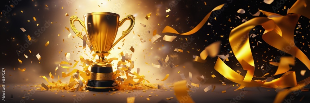 Gold trophy background with serpentine and confetti, copy space, competition concept. Generative AI Gold trophy background with serpentine and confetti, copy space, competition concept. Generative AI