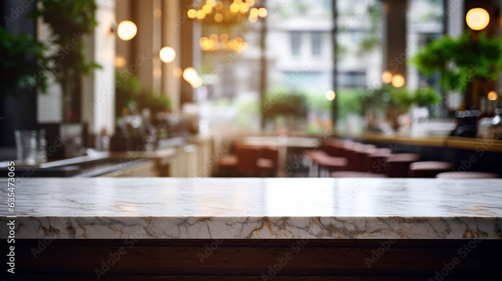 marble countertops in the restaurant are waiting for visitors. Generative Ai. 