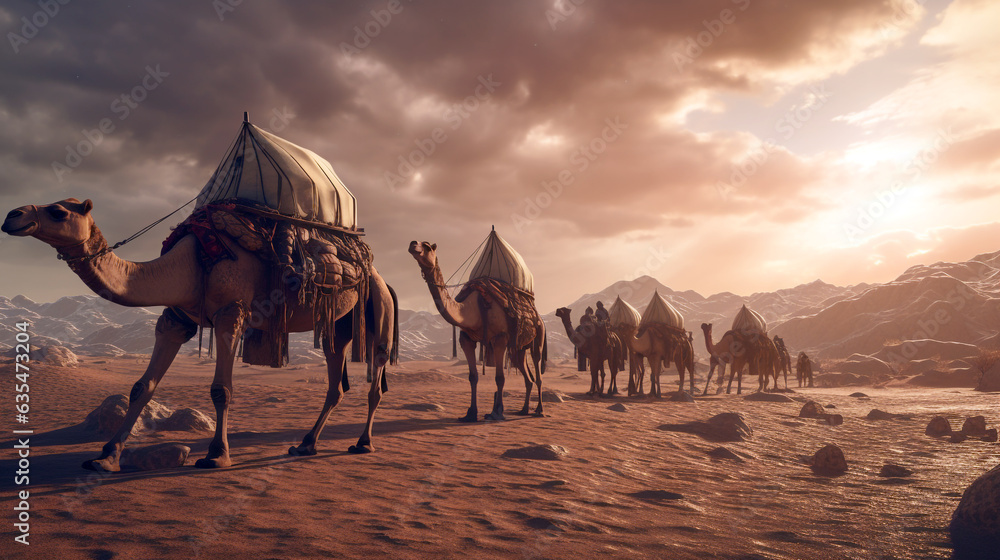 Camel caravan in the desert. Generative Ai. 