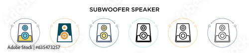 Subwoofer speaker icon in filled, thin line, outline and stroke style. Vector illustration of two colored and black subwoofer speaker vector icons designs can be used for mobile, ui, web