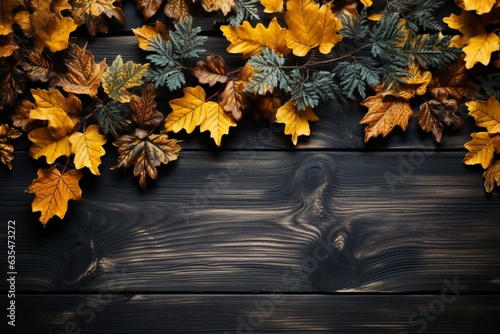 Top view foliage frame, Autumn leaves encircle vintage wood, yellow orange palette Generative AI