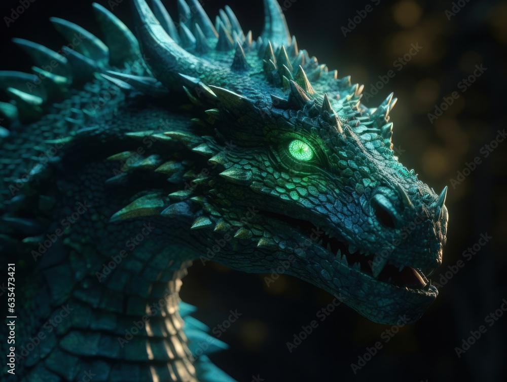 Green fantasy dragon portrait created with Generative AI technology Green fantasy dragon portrait created with Generative AI technology