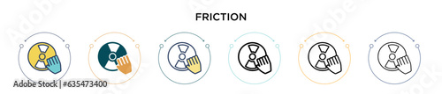 Friction icon in filled, thin line, outline and stroke style. Vector illustration of two colored and black friction vector icons designs can be used for mobile, ui, web