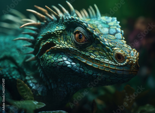 Green fantasy dragon portrait created with Generative AI technology © Denis Darcraft