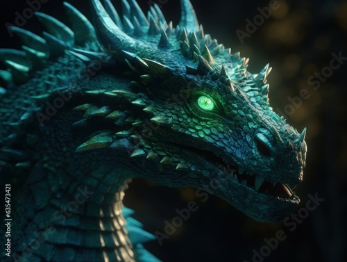 Green fantasy dragon portrait created with Generative AI technology