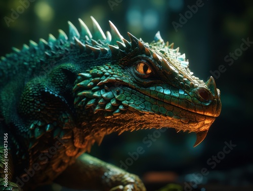 Green fantasy dragon portrait created with Generative AI technology