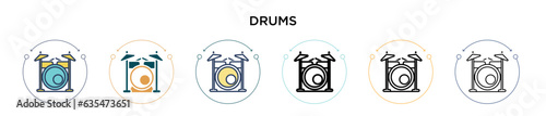 Drums icon in filled, thin line, outline and stroke style. Vector illustration of two colored and black drums vector icons designs can be used for mobile, ui, web