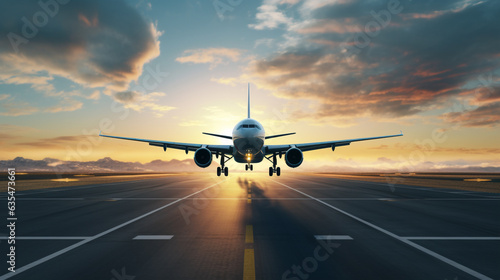 plane landing on the runway at sunset. Generative Ai. 