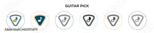 Guitar pick icon in filled, thin line, outline and stroke style. Vector illustration of two colored and black guitar pick vector icons designs can be used for mobile, ui, web