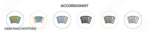 Accordionist icon in filled, thin line, outline and stroke style. Vector illustration of two colored and black accordionist vector icons designs can be used for mobile, ui, web