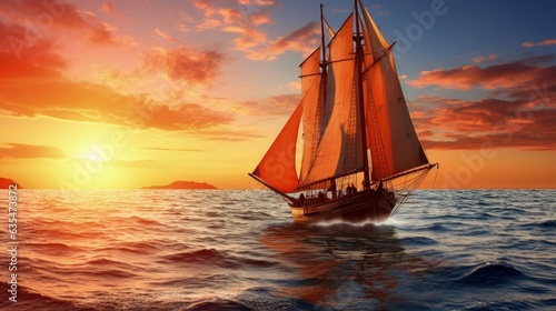 Landscape with sailboat in the sea  sunset and beautiful sky. generative AI