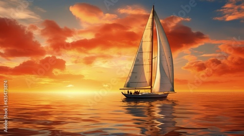 Landscape with sailboat in the sea, sunset and beautiful sky. generative AI © Deivison