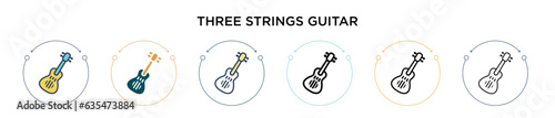Three strings guitar icon in filled, thin line, outline and stroke style. Vector illustration of two colored and black three strings guitar vector icons designs can be used for mobile, ui, web