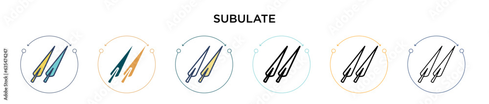 Subulate icon in filled, thin line, outline and stroke style. Vector illustration of two colored and black subulate vector icons designs can be used for mobile, ui, web