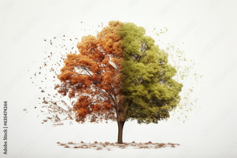 Tree half in autumn and half in spring, white background, nature and environment concept. Generative AI - obrazy, fototapety, plakaty 