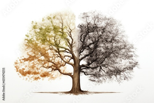 Tree half in autumn and half in spring  white background  nature and environment concept. Generative AI