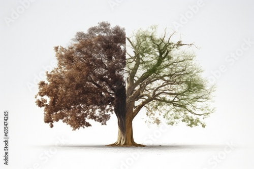 Tree half in autumn and half in spring  white background  nature and environment concept. Generative AI