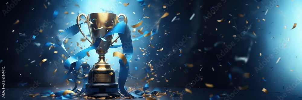 Gold trophy background with serpentine and confetti, copy space, competition concept. Generative AI