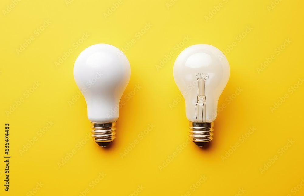 Various light bulbs on yellow background, concept of business ideas and creativity. Generative AI Various light bulbs on yellow background, concept of business ideas and creativity. Generative AI