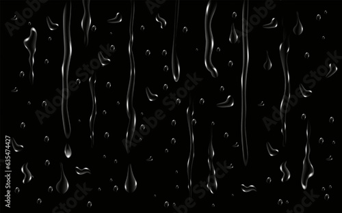Rain transparent drops flow down the glass.Realistic wet condensation texture.Fresh water splash effect on the surface.Liquid spreading droplet shapes.