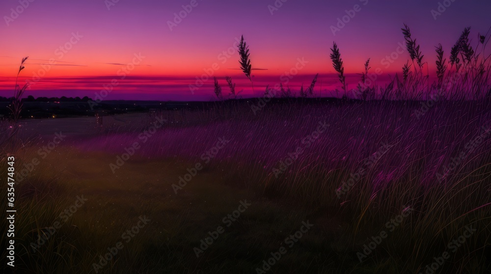 An intimate view of twilight grass stretching towards the horizon, its silhouettes highlighted against a colorful twilight sky.