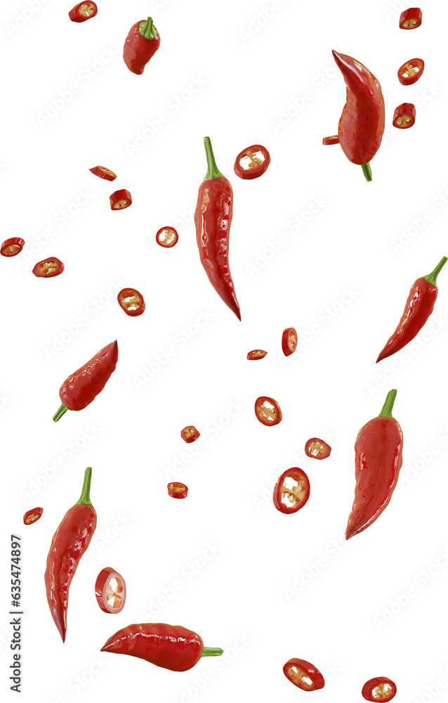 3d render falling red chilli slices - obrazy, fototapety, plakaty 