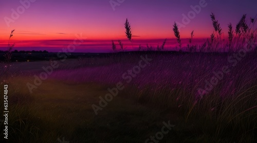 An intimate view of twilight grass stretching towards the horizon  its silhouettes highlighted against a colorful twilight sky.